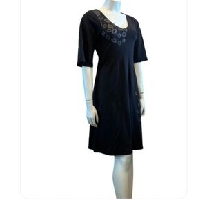 Tan and Black Floral Embellished Midi Dress with V-neck and Short Sleeves